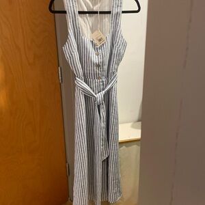FAHERTY Blue and White Striped Linen Square Neck Sundress (Size Small)